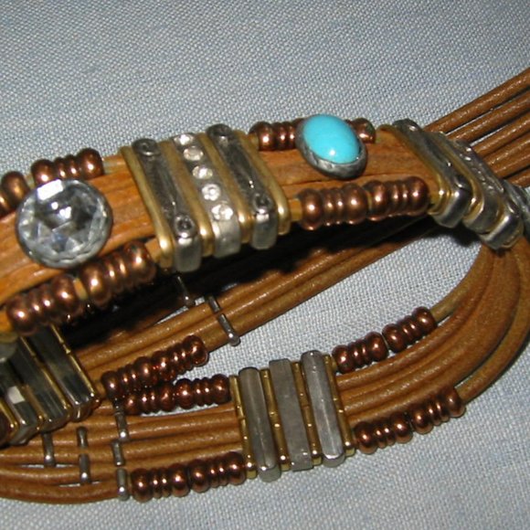 Western Style Tan Leather Belt Native Beaded Turquoise Rhinestones Cabochons main image 7